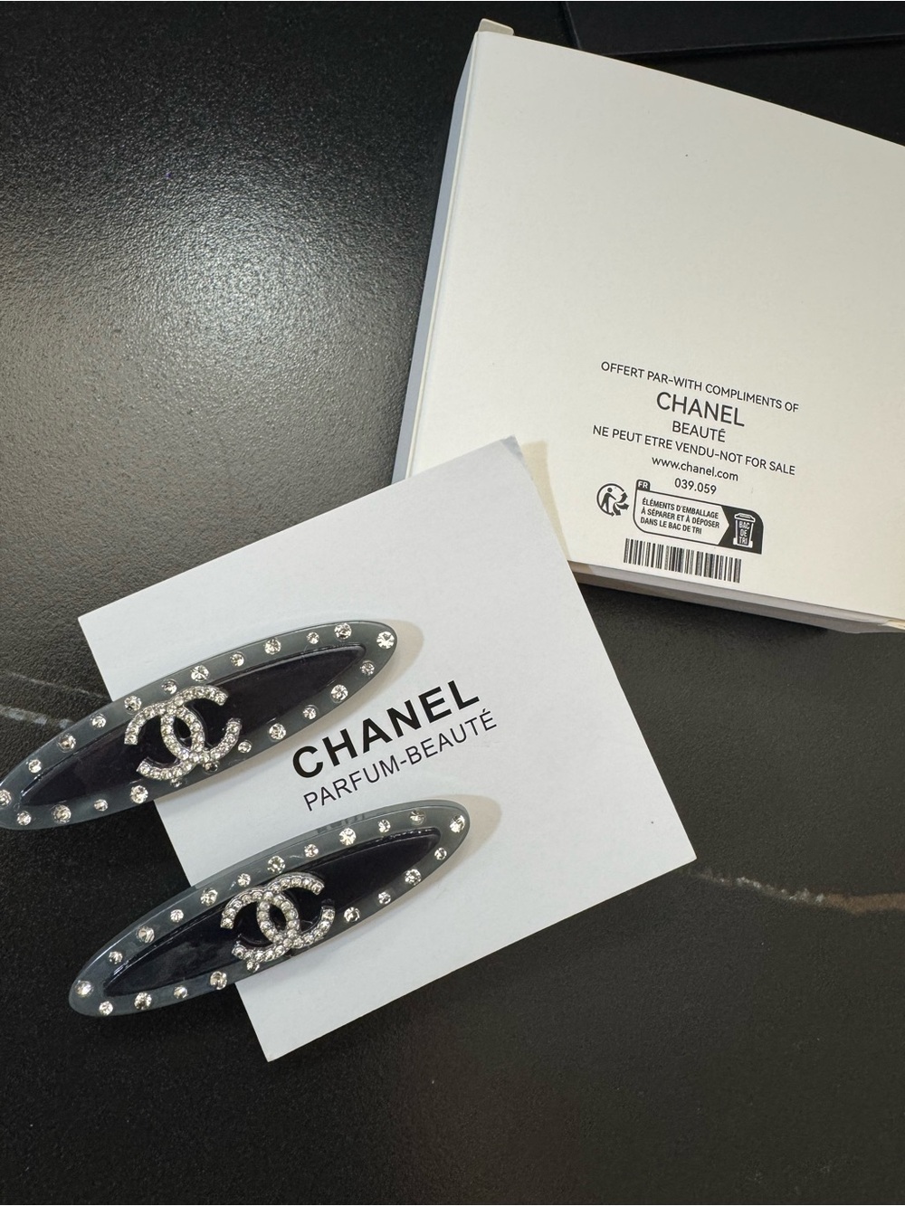 Chanel Black Crystal-Embellished Logo Hair Clips - Pair (set of 2) - Picture 6 of 8